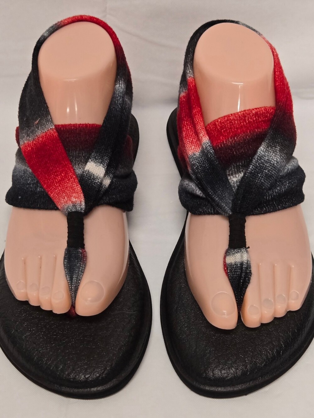 Sanuk Sling Back Stretch Knit Fabric Sandals Flip Flops Thongs Cushioned Insole